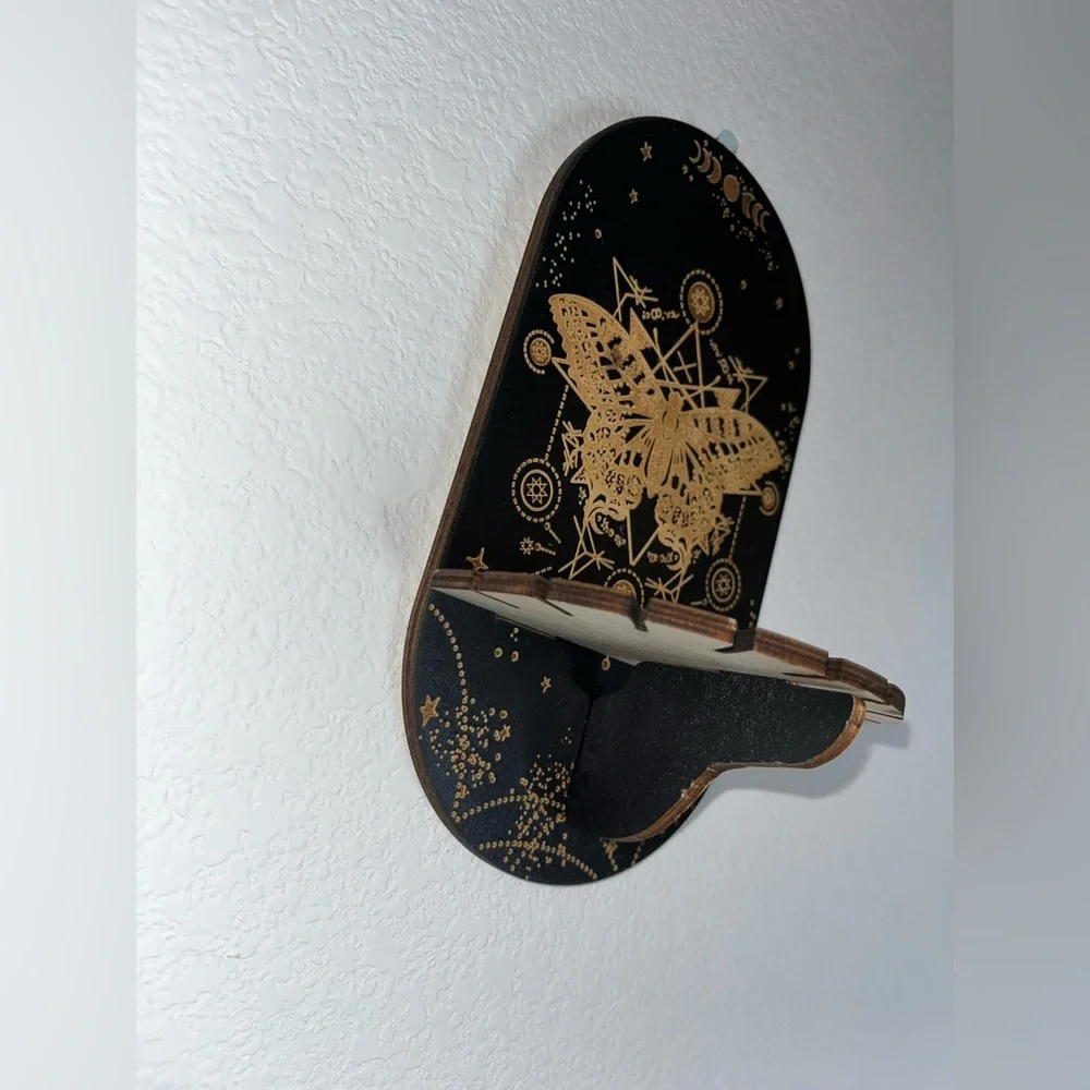 Set of 2 Mystical Boho Wooden Wall Shelves with Celestial & Moth Art Engraving